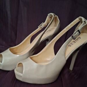 Guess Beige Patent Leather Peep-Toe Slingback Heels